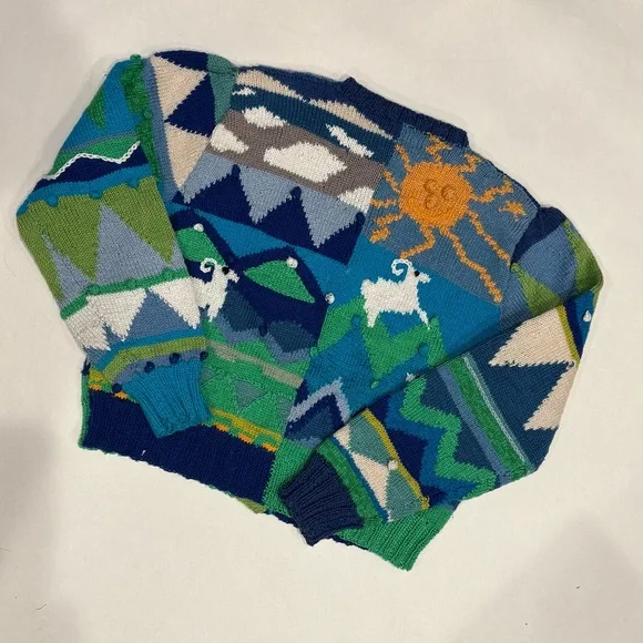 Colorful Hand-Knit Mountain & Sheep Cardigan - Blue/Green Palette - Picture 2 of 7